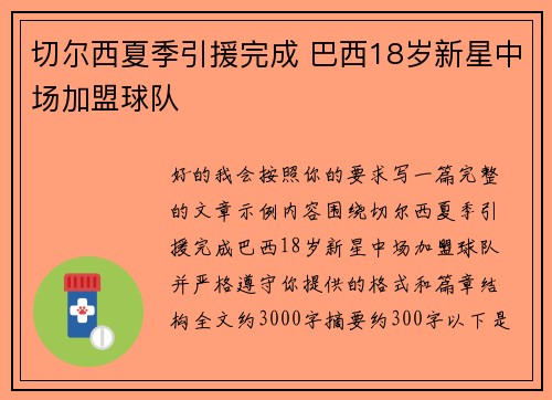切尔西夏季引援完成 巴西18岁新星中场加盟球队