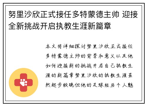 努里沙欣正式接任多特蒙德主帅 迎接全新挑战开启执教生涯新篇章